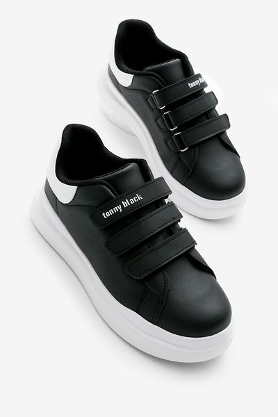 Tonny Black Pantofi sport pentru copii, unisex, negru, alb, Eva Faylon, cu trei velcro