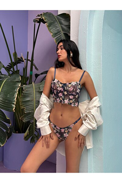 Cansoy Çiçek Desenli Kapsız Brode Lacivert Bustiyer Takım (684T)