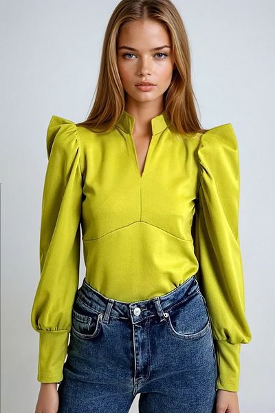 VAGGON Γυναικεία Oil Green Judge Collar Princess Sleeve υφαντή μπλούζα Crop