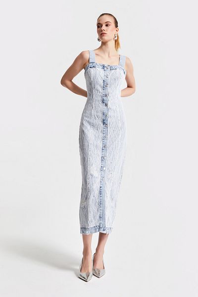 its basic Rochie de damă de culoare denim 11S5-3, cu nasturi în față, cu bretele, lungime maxi