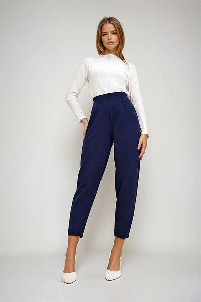 VAGGON Women's Navy Blue High Waist Collet Flowy Crepe Knitted Trousers