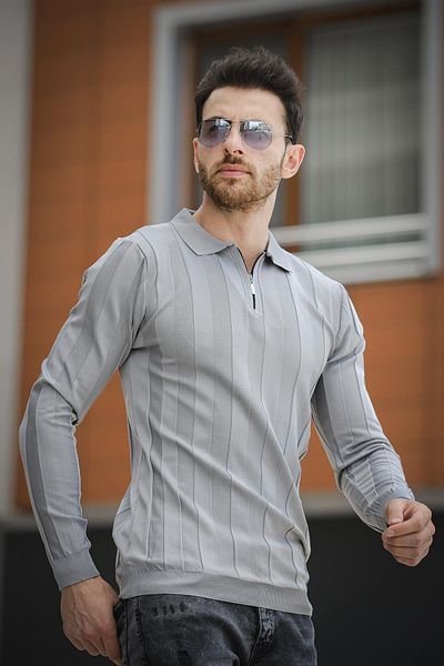 Oksit Ανδρικά πλεκτά Vilnius Slim Fit - Ριγέ γιακά πουκάμισου, μισό φερμουάρ