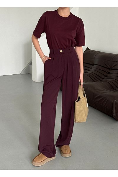 Laluvia Burgundy Gold Buttoned Elastic Waist Palazzo Trousers - 51078