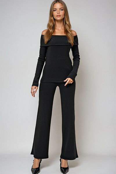 VAGGON Women's Black Madonna Collar Camisole Blouse and Pants Set