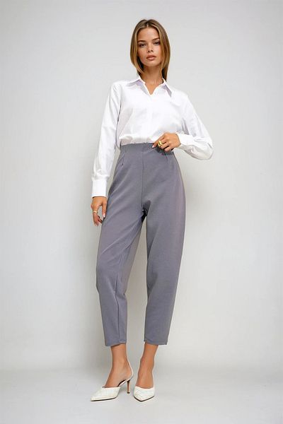 VAGGON Pantaloni tricotați din crepon, gri, cu talie înaltă