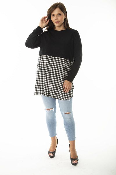 Şans Women's Large Size Black Tunic with Plaid Pattern and Buttons at the Bottom 65N36961