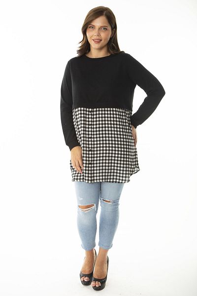 Şans Women's Large Size Black Tunic with Plaid Pattern and Buttons at the Bottom 65N36961