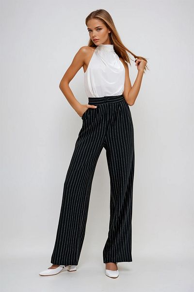 VAGGON Women's Black Double Pocket Striped Palazzo Trousers