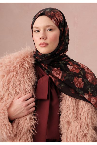 Fresh Red Shawl - Wild Rose Patterned Voile