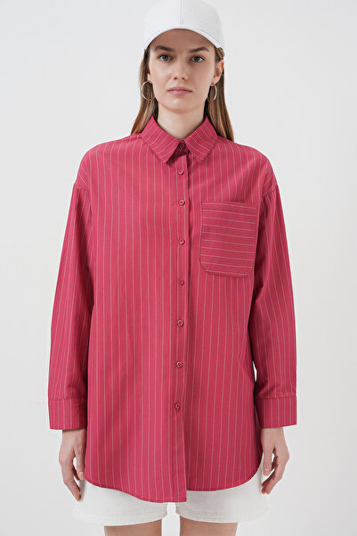 Bigdart 20217 Cep Detaylı Çizgili Oversize Gömlek - Kırmızı