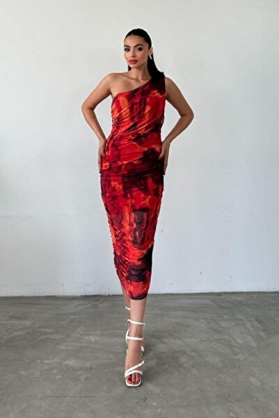 Mossta One Shoulder Patterned Midi Tulle Dress Red