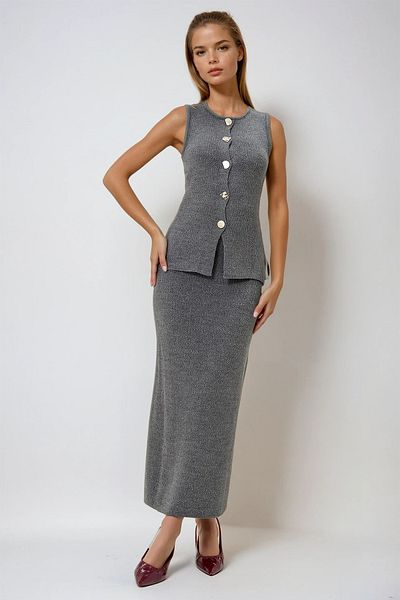 VAGGON Women's Anthracite Gold Button Detailed Long Knitwear Vest and Skirt Set