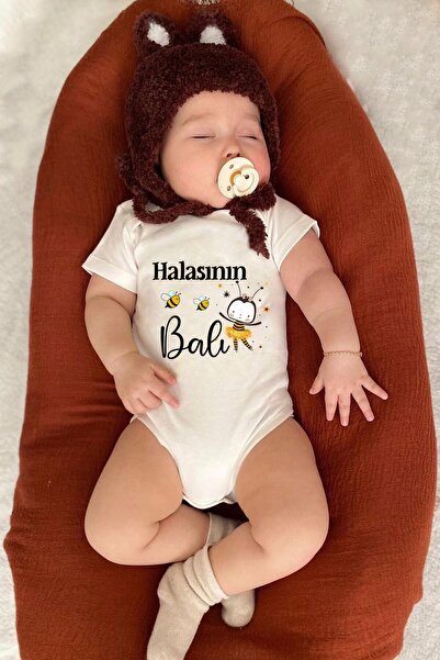 bebeqon Halasının Balı Yazılı Kısa Kollu Bebek Zıbını %100 Pamuk