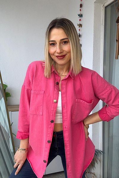Kubos Moda Cămașă oversize din Gabardină Fuchsia cu emblema pe spate