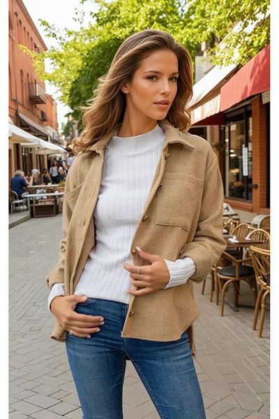 Pasaklı Giyim Women's Stamp Thick Solid Color Double Pocket Lumberjack Shirt Yb 3275220