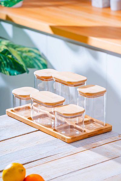ACAR Set of 6 Borosilicate Glass Spices with Malibu Bamboo Stand