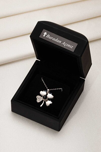 bs begisilver 925 Ayar Gümüş Beyaz Taşlı Yonca Kolye – 100 Dilde "Seni Seviyo...