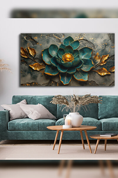 Evinemoda Green Flower One Piece Canvas with Gold Detail - Canvas Painting