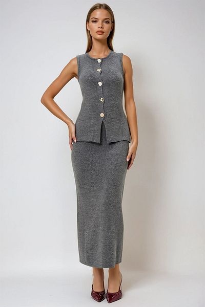 VAGGON Women's Anthracite Gold Button Detailed Long Knitwear Vest and Skirt Set