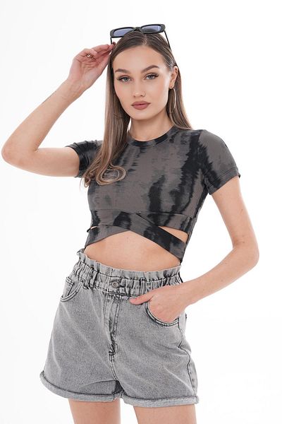 ŞİMAL Tricou cu cravată cu model pentru femei, cu detaliu în cruce în partea de jos 250074   -