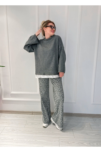 Store Leopar Desenli Palazzo Pantolon - Gri