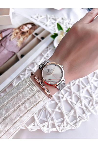 Daniel Klein Gold Mesh Series Steel Color Anti Throw Cord 30 Mt Water Resistant Women Wristwatch Bracelet Necklace Set