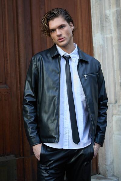 Danger Ανδρικό Δερμάτινο Παλτό Μαύρο Μπουφάν