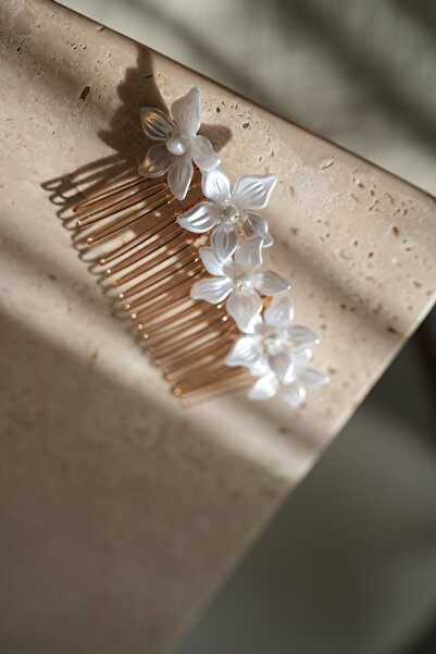 İstoria Bridal Gold White Floral Print Engagement Hair Accessory - Comb Hairpin, Hair Pin, Wedding Hairpin