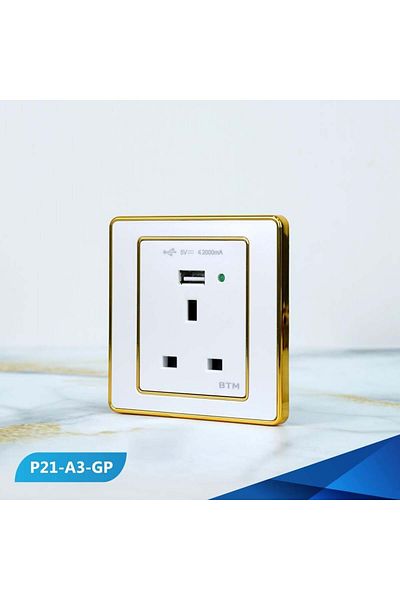 Btm Triple socket, 13 amp, with USB port, pearl and gold colour