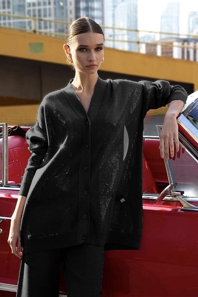 Missemramiss Black Knitwear Set - Sequined Cardigan and Trousers 4589