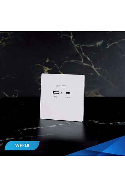 Btm USB + TYP-C port socket, white wooden piano -2 pieces