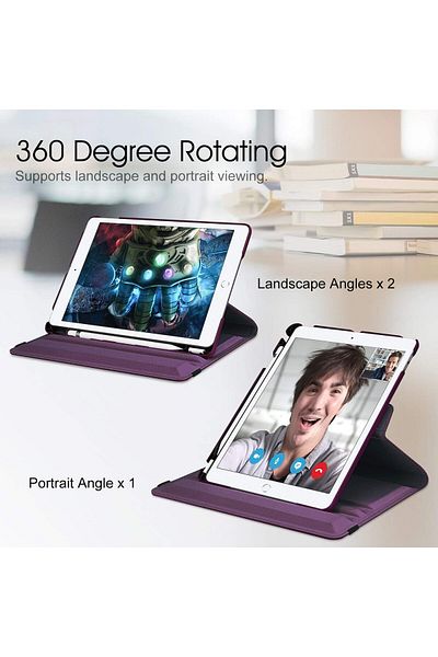 AWH حافظة Fintie الدوارة لجهاز iPad 7th Gen 10.2" 2019، حامل قلم، وضع السكون/التنشيط التلقائي، أرجواني