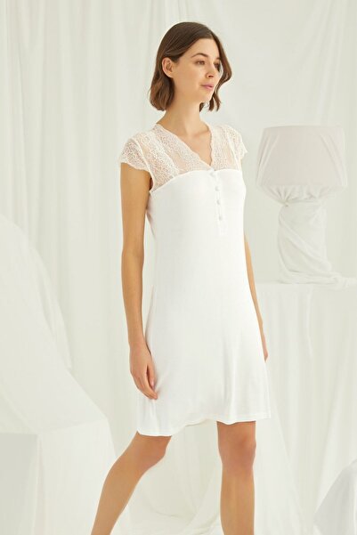 MONAMİSE Monamise Women's Ecru Short Sleeve Midi Nightgown 18200