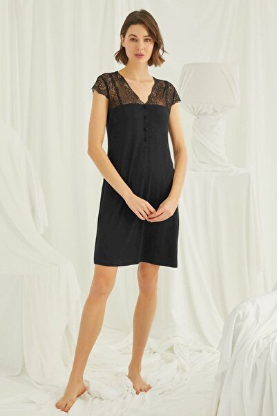 MONAMİSE Γυναικείο, μαύρο, νυχτικό με δαντέλα στα μπράτσα, τους ώμους και το ...