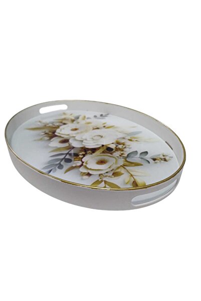 CENGİZ ÇEYİZ Otantik Yaldızlı Oval Camlı Tepsi  42x30 cm