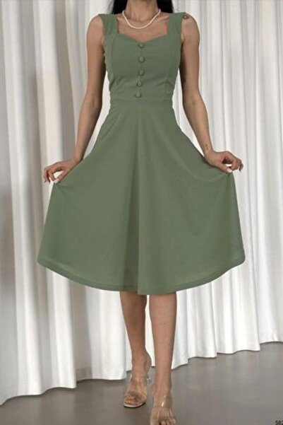 Mossta Düğme Detaylı Kloş Elbise Mint