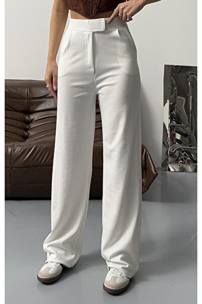 MAXIMILLIAN White Line Lycra Velcro Closure Palazzo Women's Trousers