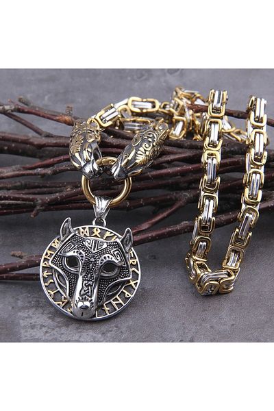 Viking Men's Steel Necklace - Wolf Head, Scandinavian Motif, Fenrir Thor Mjollnir and King Chain, 316L