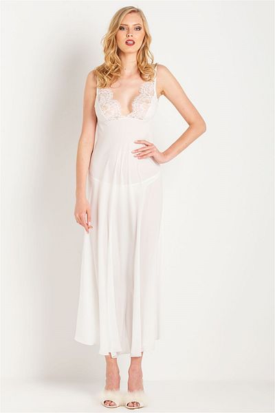 Magic Form 71770 Women's Ecru Tasseled Lace Crepe Long Nightgown
