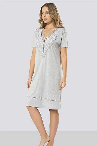 TÜREN Women's Gray Laced V-Neck Nightgown 3282