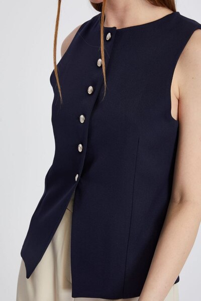 Byelmira Women's Multi-Button Detailed Navy Blue Vest