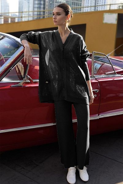 Missemramiss Black Knitwear Set - Sequined Cardigan and Trousers 4589