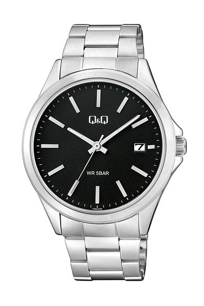 Q&Q Black Silver Steel Band Calendar Men's Wrist Watch