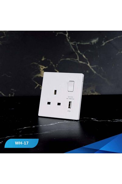 Btm socket with 13 amp switch and USB port, white wooden piano