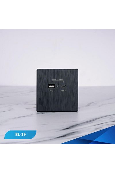 Btm USB + TYP-C port socket, black wooden piano