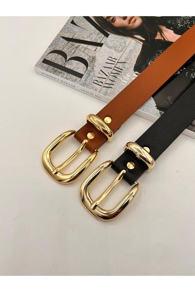 MODAM HİFA Pachet de 2 Curea de bază cu cataramă aurie pentru femei Curea pentru pantaloni Curea pentru rochie Curea pentru cămașă Curea pentru haină