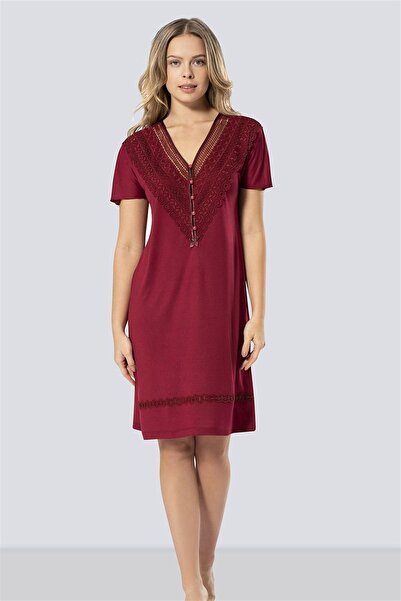 TÜREN Women's Burgundy Laced V-Neck Nightgown 3282