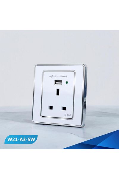 Btm Triple socket, 13 amp, with USB port, white and silver colour -6 pieces