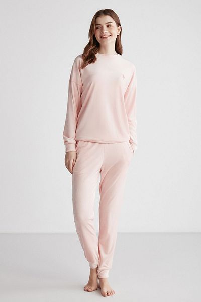 U.S. Polo Assn. 16949 Set de pijamale roz pentru femei cu gât rotund și mâneci lungi