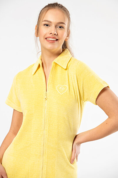 TÜREN 622 Sarı Kadın Rahat Yakalı Fermuarlı Elbise Gecelik